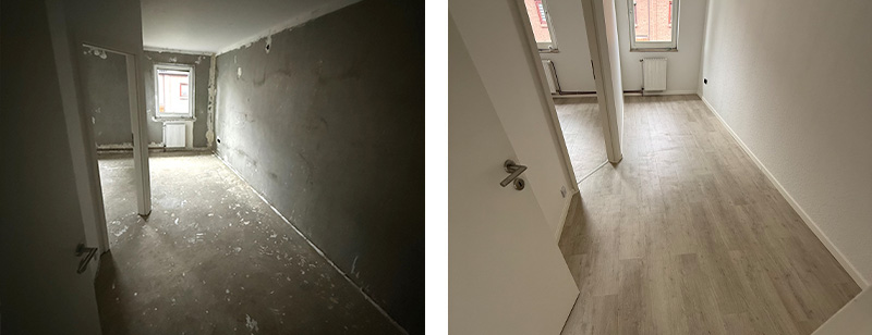 Vorher, nachher Bild von einer Wohnungs-Renovierung in Moers